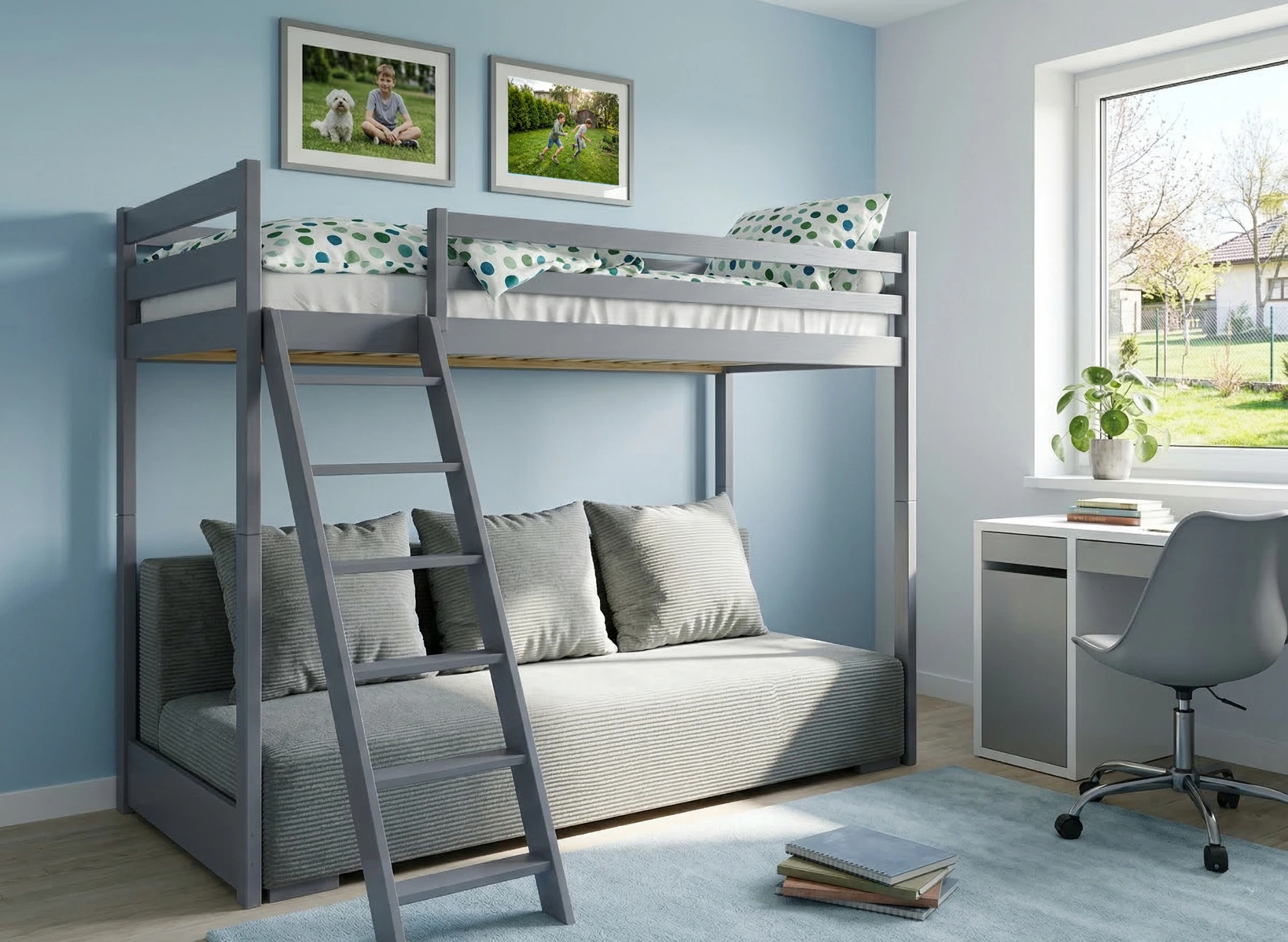 SOFINO 90x200/140x200 grafiet stapelbed met uitschuifbare sofa grijs stof Zoom 15 Sage Lano Meubels